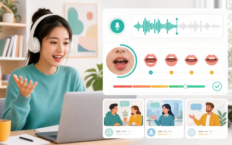 Practice English speaking online with pronunciation guides and real examples
